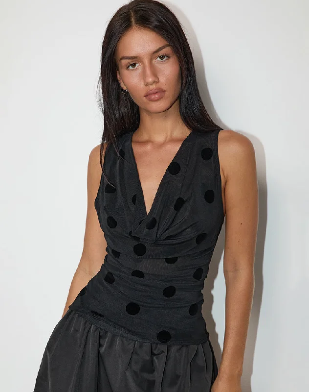 Losa Cowl Top in Big Polka Flock Black Cashmere