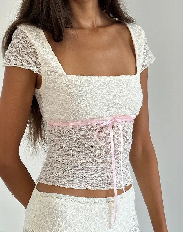 Sherine Lace Top in Cream with Pink Binding Geometric