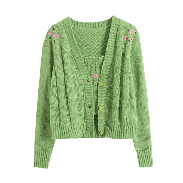 Flower embroidery V-neck short sweater cardigan  7396