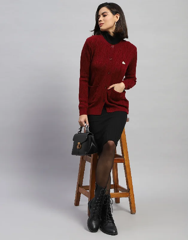 Women Maroon Self Design Round Neck Full Sleeve Cardigan