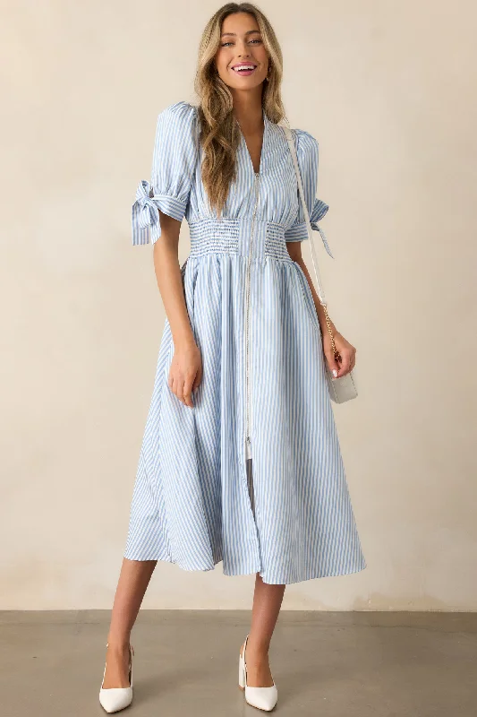 Afternoon Tea Sky Blue Stripe Zip Front Midi Dress