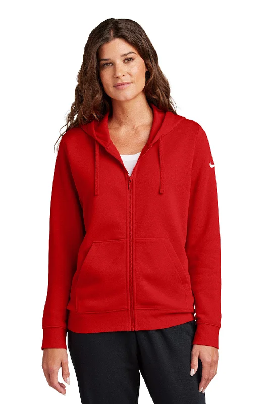 Nike Womens Club Fleece Full Zip Hooded Sweatshirt Hoodie w/ Pockets - University Red