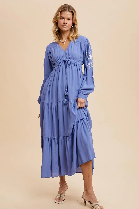 Blue Embroidered Long Sleeve Maxi Dress