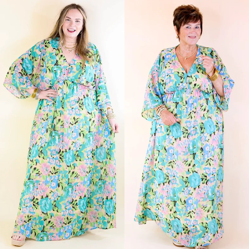 Beautifully Botanical V Neck Floral Print Maxi Dress in Blue and Green Mix