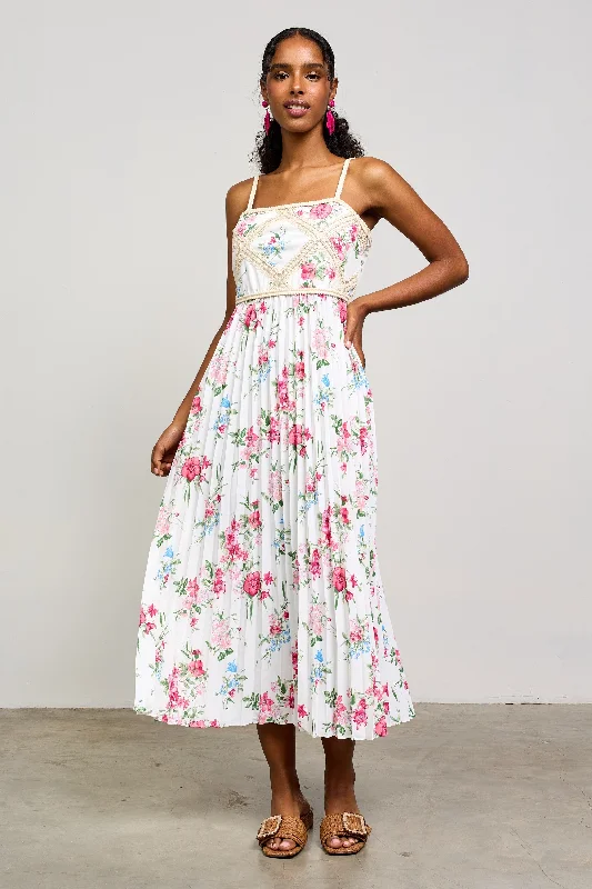 White Floral Pleated Crotchet Detail Midi Dress