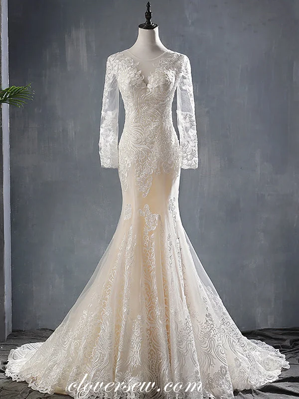 Illusion Lace Long Sleeves Mermaid Lace Up Back Wedding Dresses, CW0070