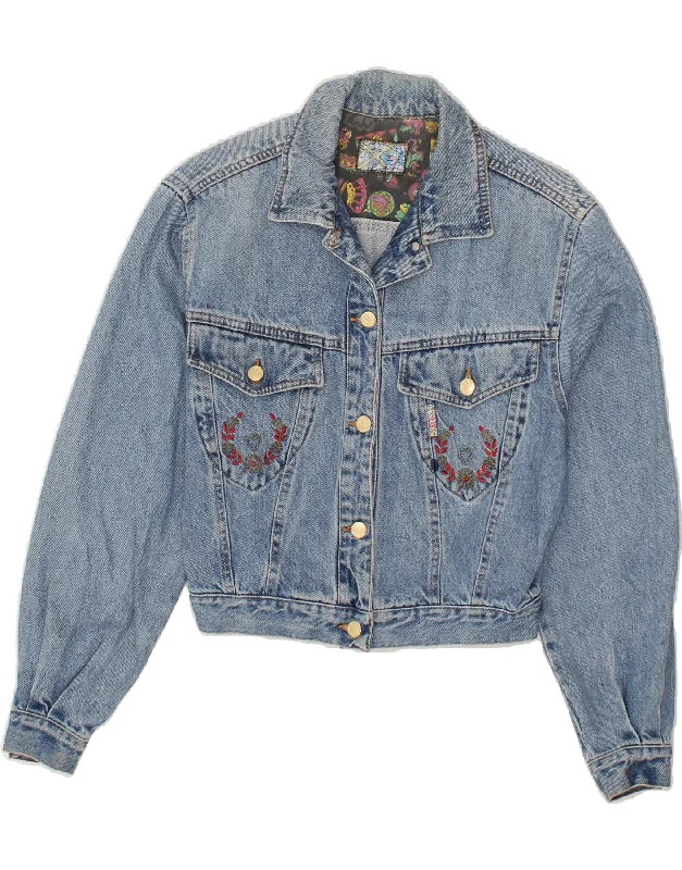 VINTAGE Womens Crop Denim Jacket UK 14 Medium Blue Floral Cotton