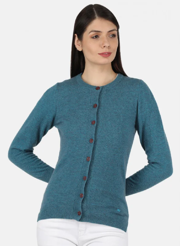 Women Teal Blue Solid Cardigan