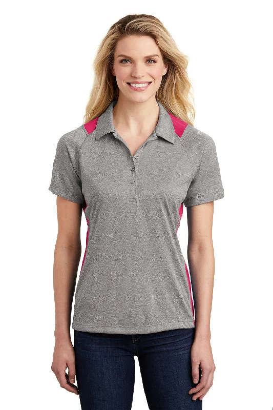 Sport-Tek Womens Heather Contender Moisture Wicking Short Sleeve Polo Shirt - Heather Vintage Grey/Raspberry Pink - Closeout