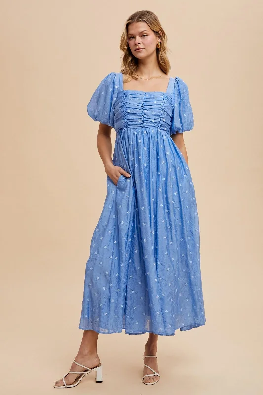 Blue Embroidered Shirred Puff Sleeve Maxi Dress