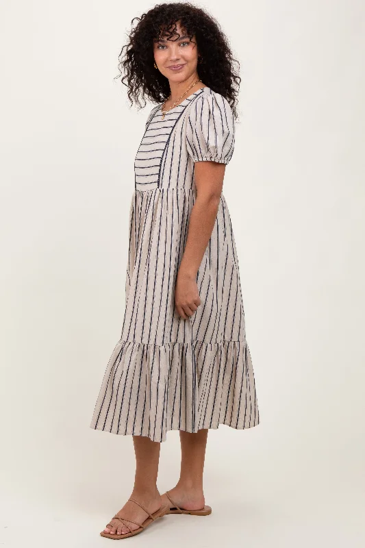 Beige Striped Short Sleeve Midi Dress