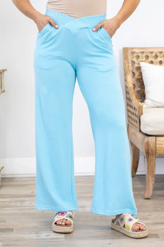 Baby Blue Ribbed Waistband Wide Leg Pants