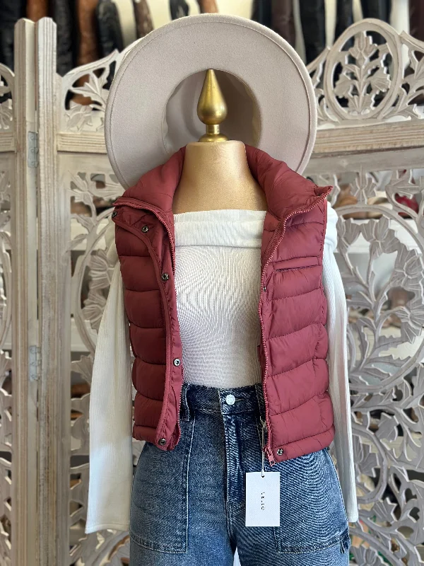 Deep Rose Cropped Zip Up Puffer Vest- Stretchy