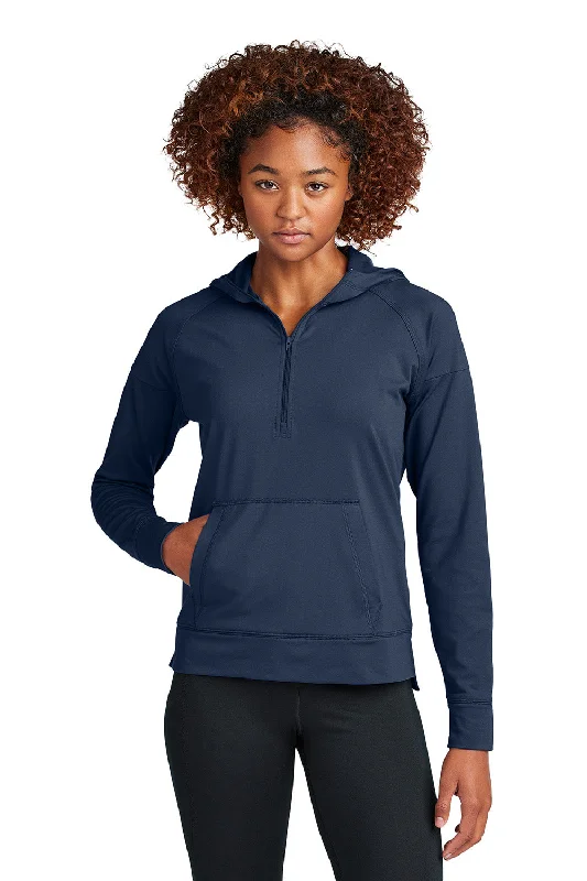 Sport-Tek Womens Sport-Wick Moisture Wicking 1/4 Zip Hooded Sweatshirt Hoodie w/ Pouch Pocket - True Navy Blue