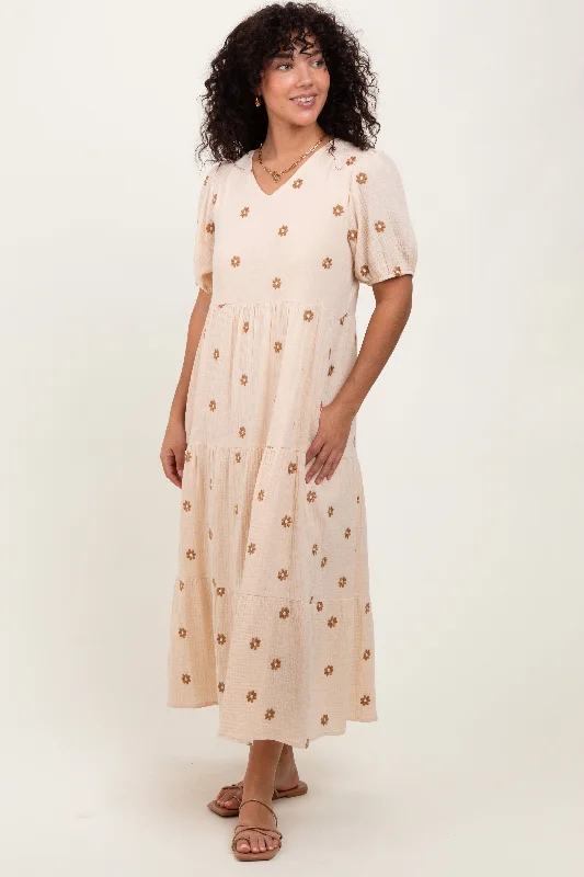 Cream Floral Embroidered Tiered Midi Dress