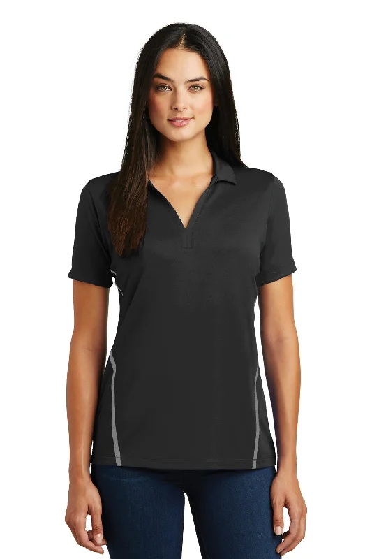 Sport-Tek Womens Tough Moisture Wicking Short Sleeve Polo Shirt - Black/Heather Grey - Closeout