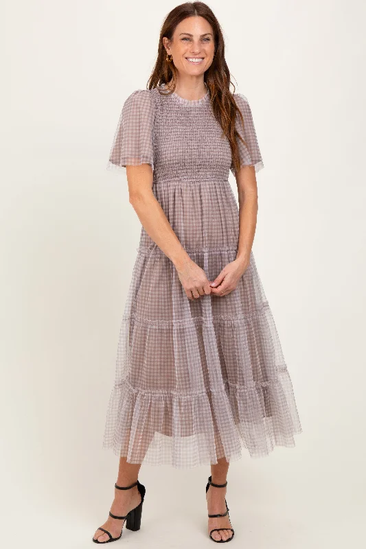 Grey Gingham Mesh Tiered Midi Dress