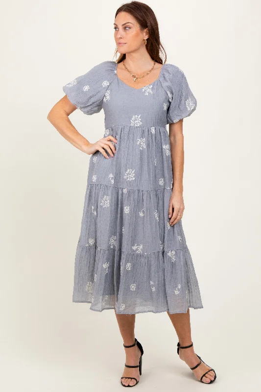 Light Blue Floral Embroidered Tiered Midi Dress