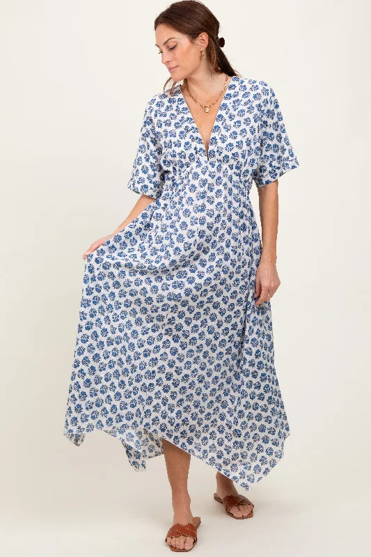 Navy Floral Deep V-Neck Handkerchief Hem Maxi Dress