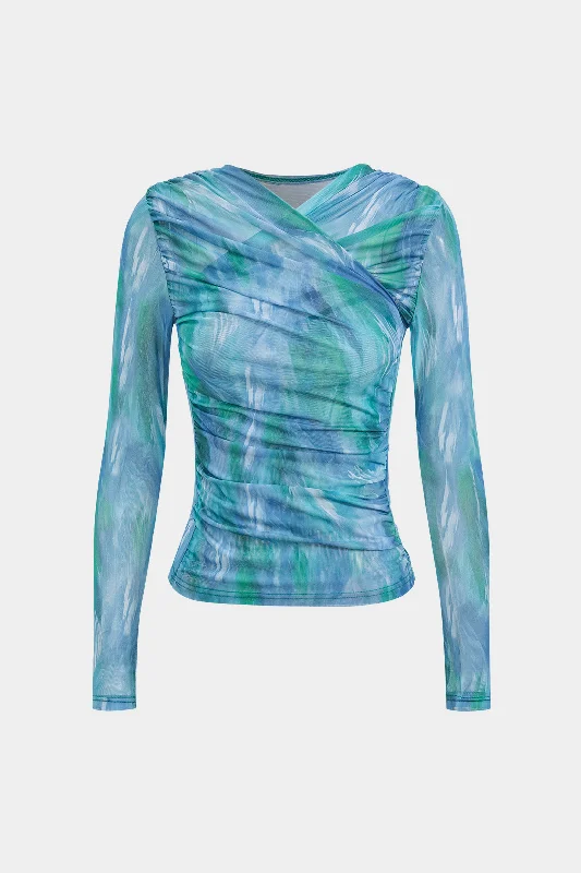 Watercolor Print Mesh Ruched Crossed Long-Sleeve Top