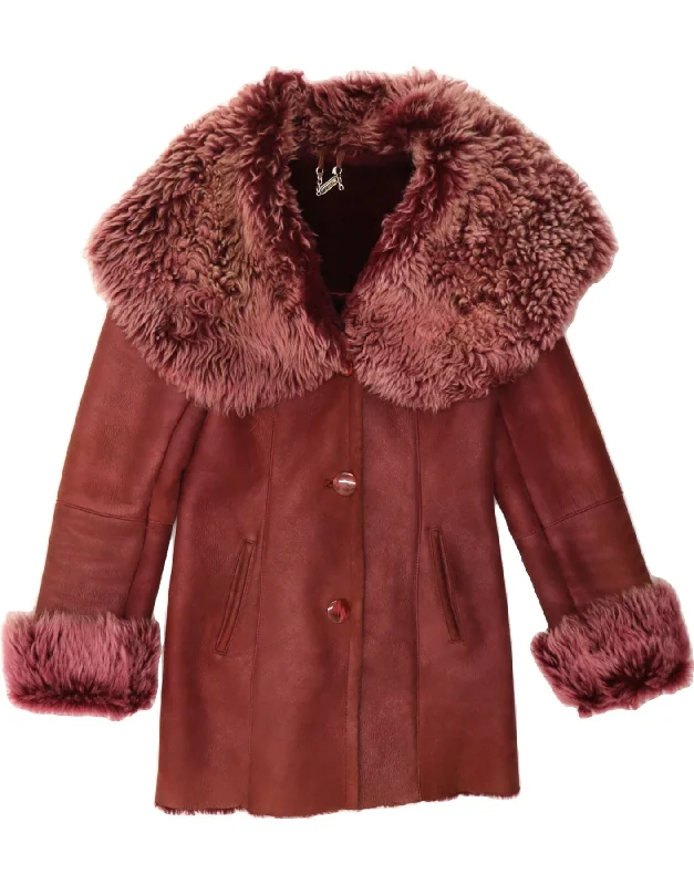 REISLER Womens Shearling Coat UK 10 Small Maroon