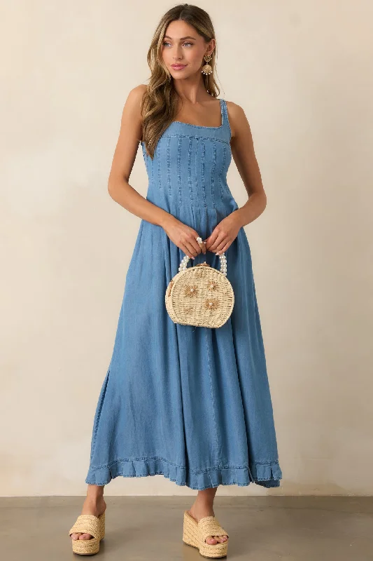 Cascading Echoes Blue Chambray Maxi Dress