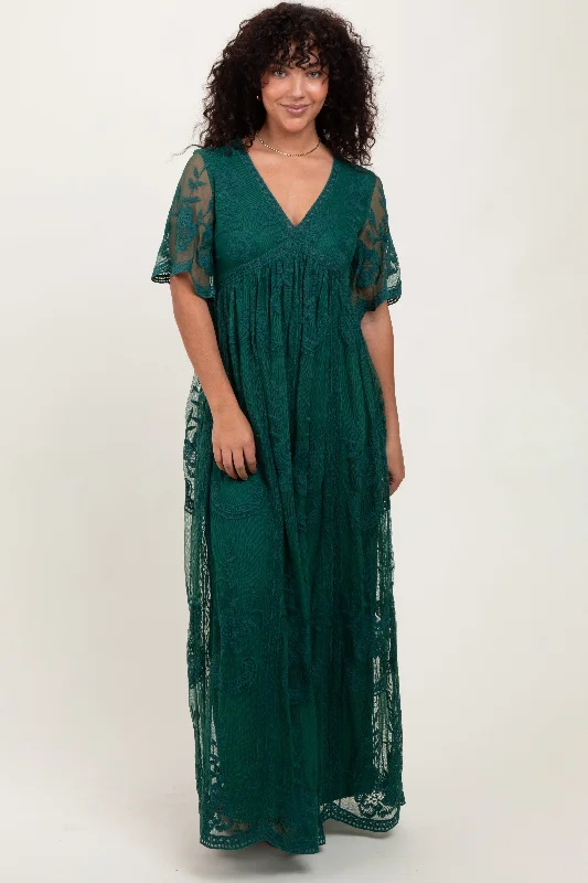 Green Lace Mesh Overlay Maxi Dress