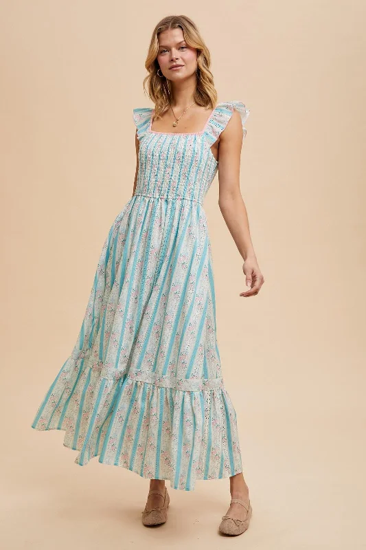 Light Blue Striped Vintage Floral Smocked Maxi Dress