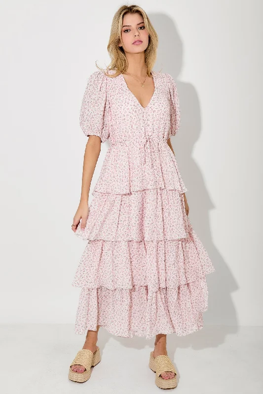 Light Pink Floral Ruffle Tiered Maxi Dress