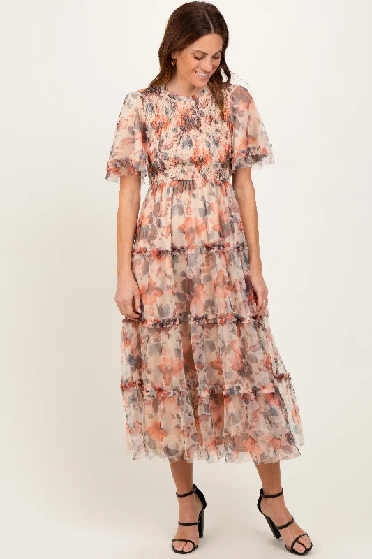 Peach Floral Mesh Smocked Midi Dress