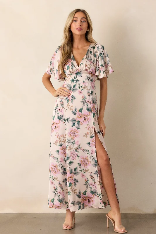 Rosewood Romance Ivory Multi Floral Flutter Sleeve Maxi Dress