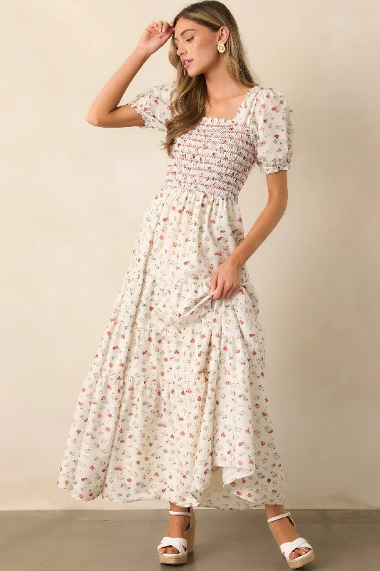 Floating Gardens Cotton Ivory Floral Puff Sleeve Maxi Dress