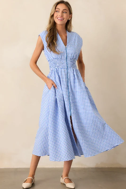 The Evette Blue Gingham Zip Front Midi Dress