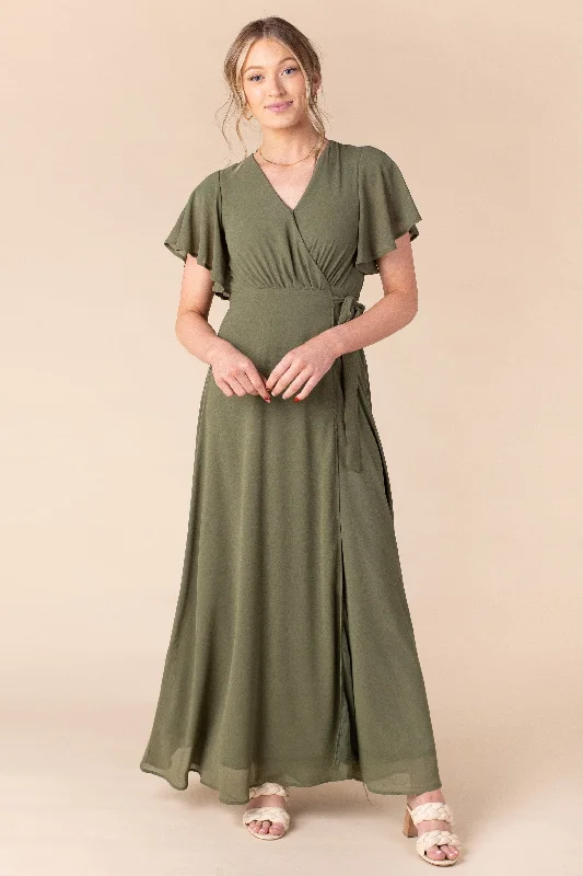 Naples Flutter Sleeve Wrap Maxi - Moss