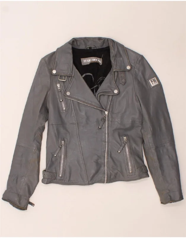 FREAKY NATION Womens Leather Biker Jacket UK 12 Medium Grey Leather