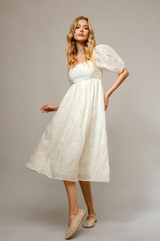 Cream Embroidered Floral Puff Sleeve Midi Dress