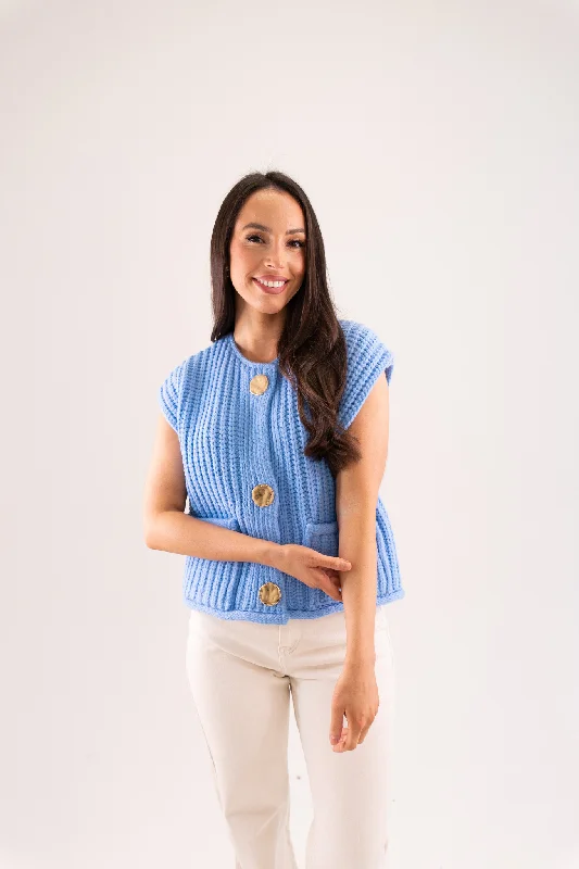 Kendra Sleeveless Ribbed Cardigan In Light Blue