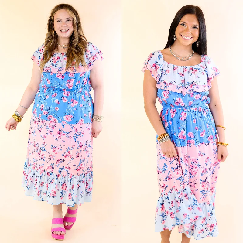 Tides In Tulum Floral Midi Dress with Ruffle Sleeves in Pink and Blue