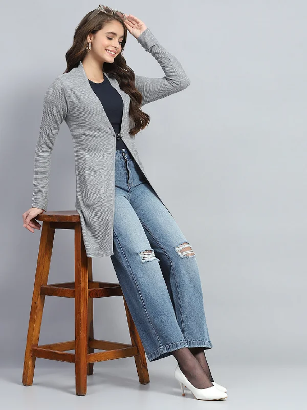 Women Grey Self Design Round Neck Full Sleeve Cardigan