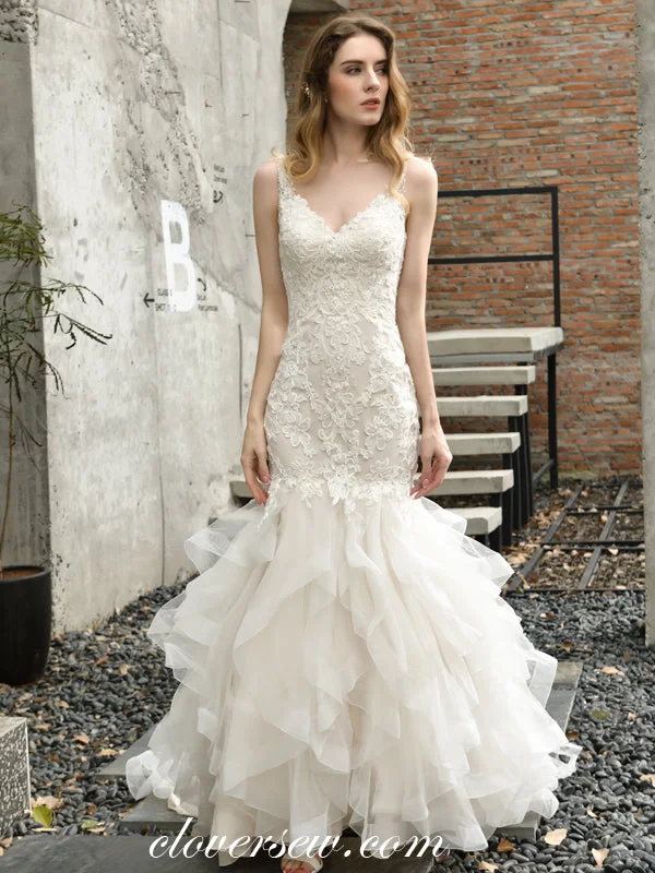 Ivory Tulle Lace V-neck Ruffles Mermaid Wedding Dresses , CW0077