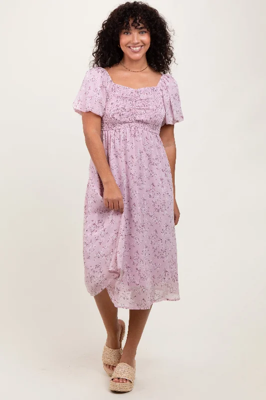 Lavender Floral Smocked Short Sleeve Midi Dress