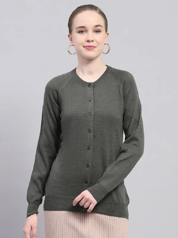 Women Olive Solid Round Neck Full Sleeve Cardigan