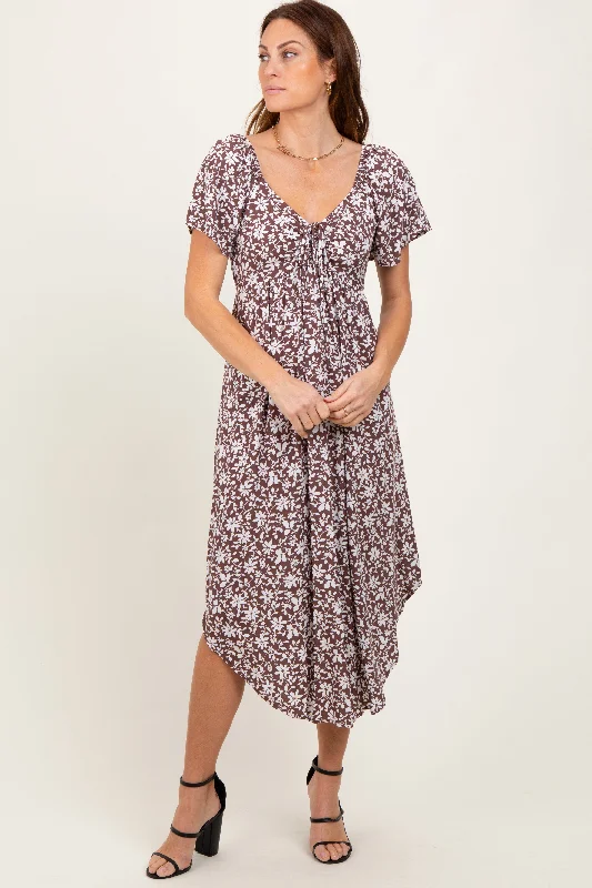 Brown Floral Ruched Tie Front Midi Dress