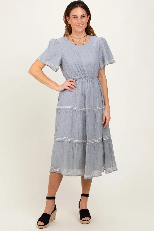 Light Blue Embroidered Tiered Midi Dress