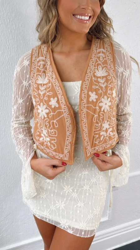 Into You Floral Embroidered Vest,  Camel