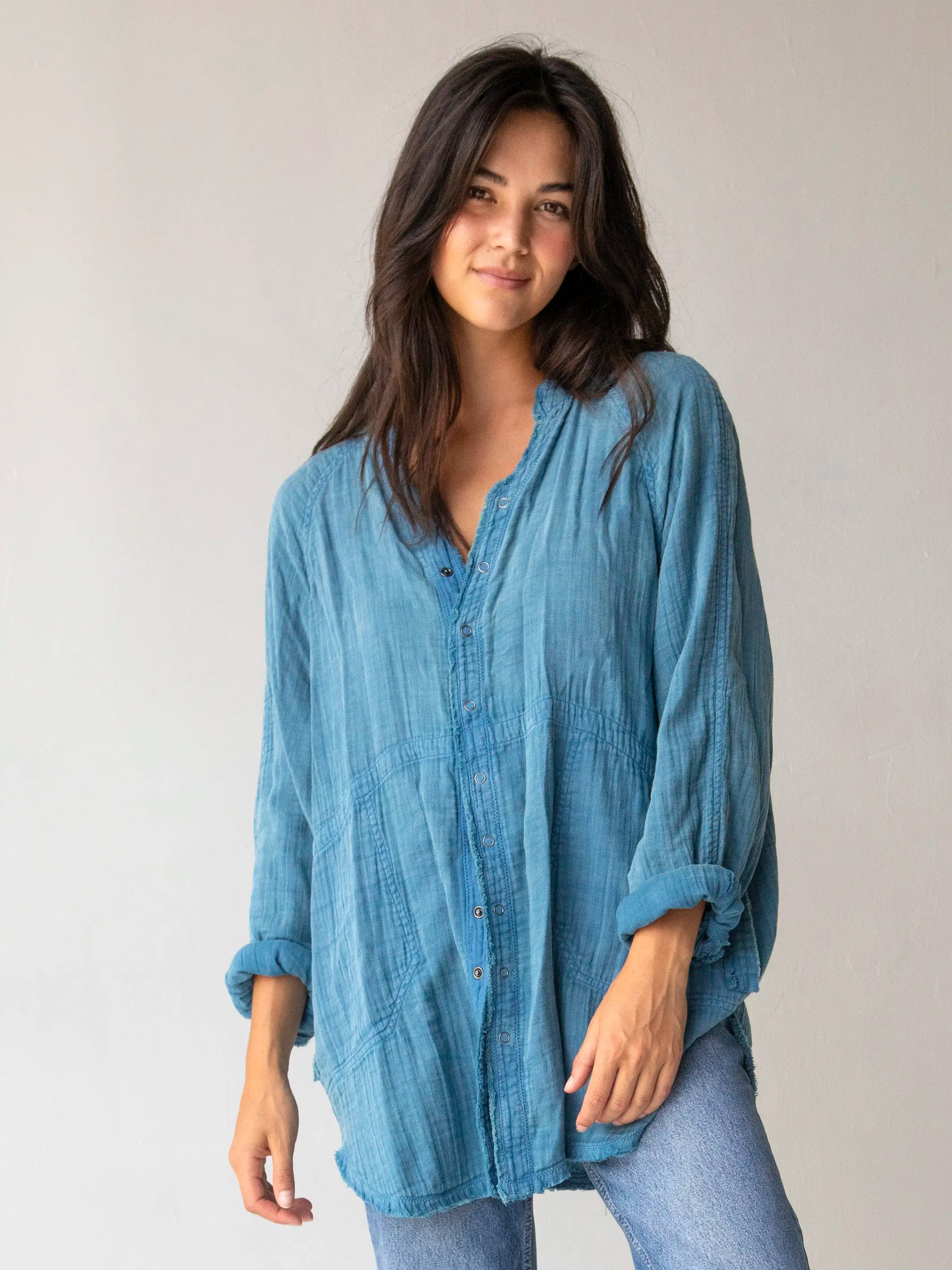 Laid Back Cotton Button Down Top - Denim Blue