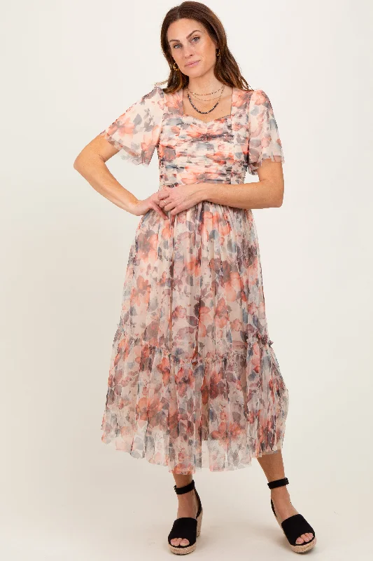 Peach Floral Mesh Sweetheart Neck Midi Dress