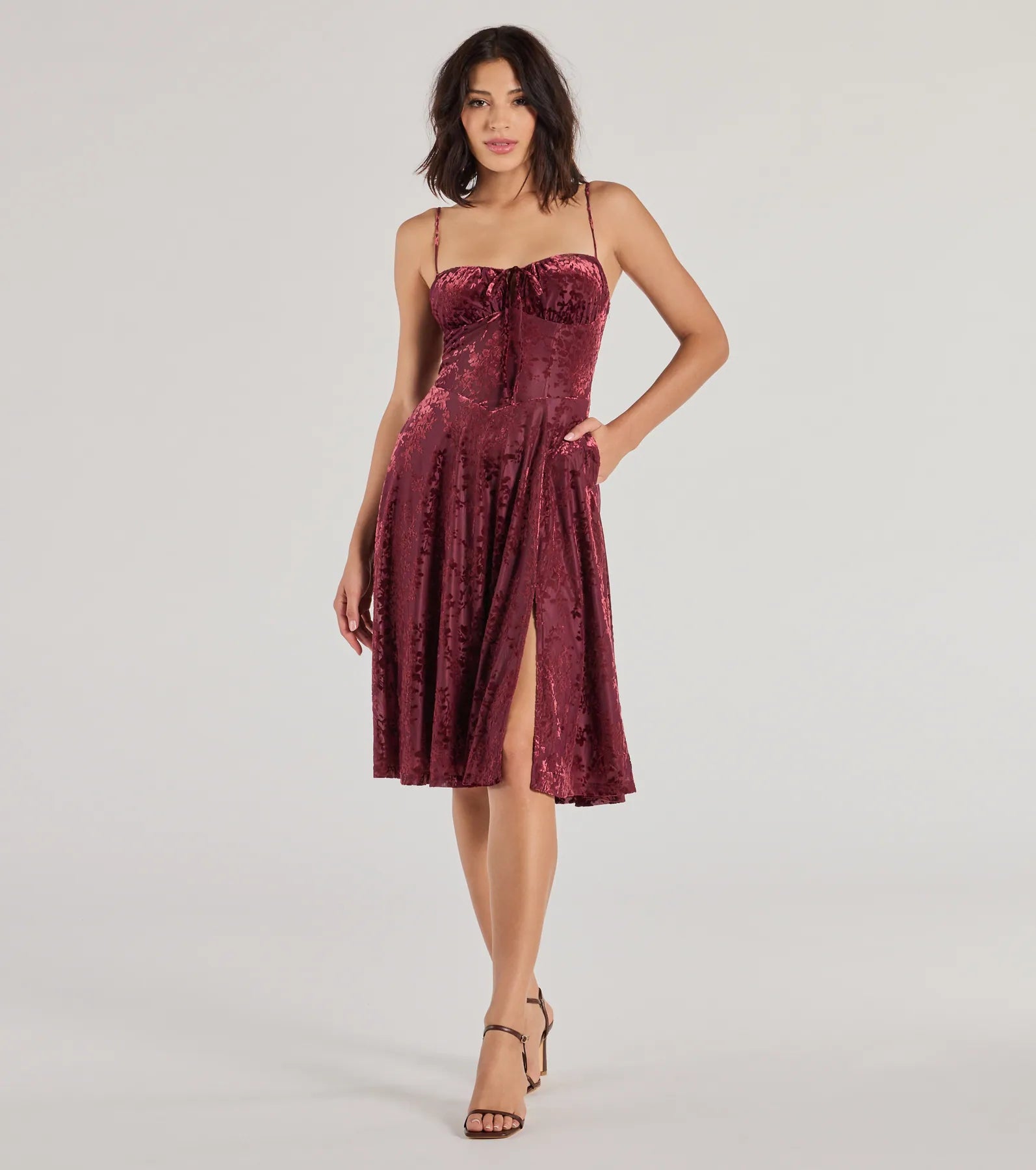 Floral Beauty Velvet Flocked Mesh Midi Dress