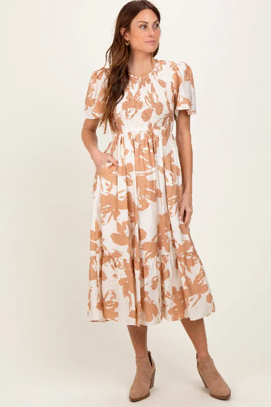 Cream Floral Smocked Short Sleeve Midi Dress