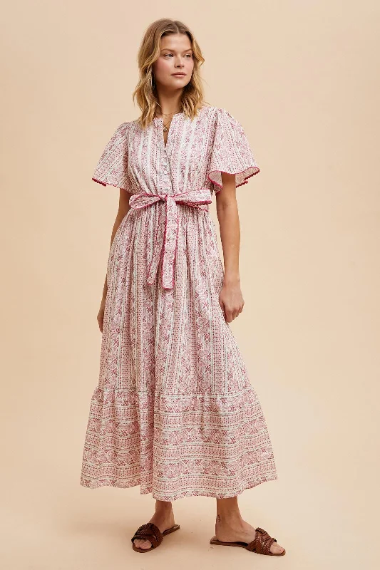 Magenta Floral Flutter Sleeve Waist Tie Maxi Dress